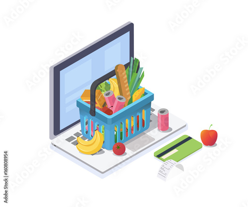 Online shopping isometric concept.Shopping basket with fresh food and drink is on the laptop keyboard.Vector illustration.