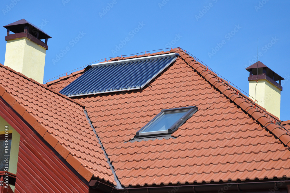 Ceramic roof tiles  with roof window, skylight, solar panel, vacuum solar water heating system, chimney and Lightning Protection System‎. Lightning rod.