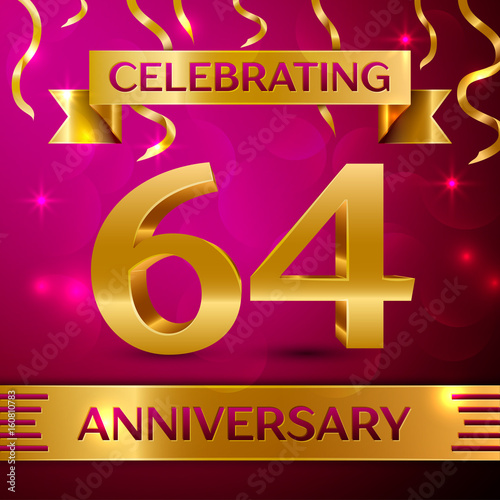 Sixty four Years Anniversary Celebration Design. Confetti and golden ribbon on pink background. Colorful Vector template elements for your birthday party. Anniversary ribbon photo