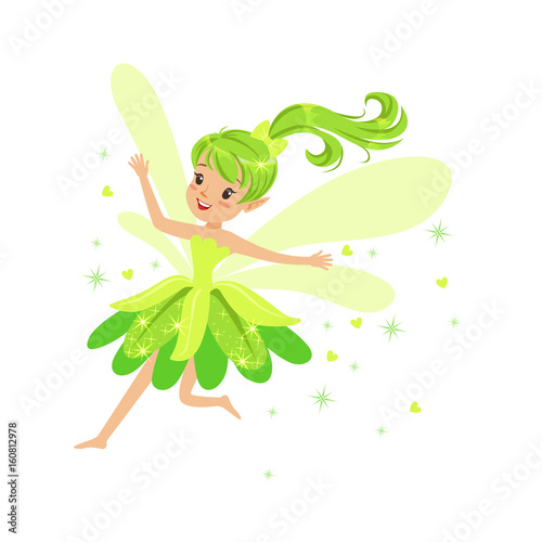 Beautiful smiling green Fairy girl flying colorful cartoon character vector Illustration