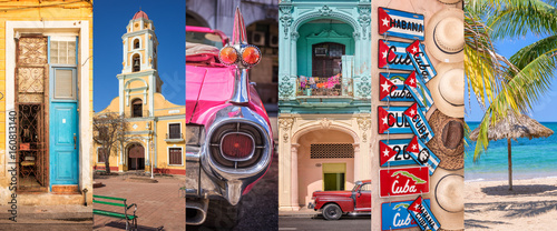 Cuba, panoramic photo collage, Cuban symbols, Cuba travel and tourism concept