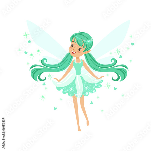 Beautiful smiling turquoise Fairy girl flying colorful cartoon character vector Illustration