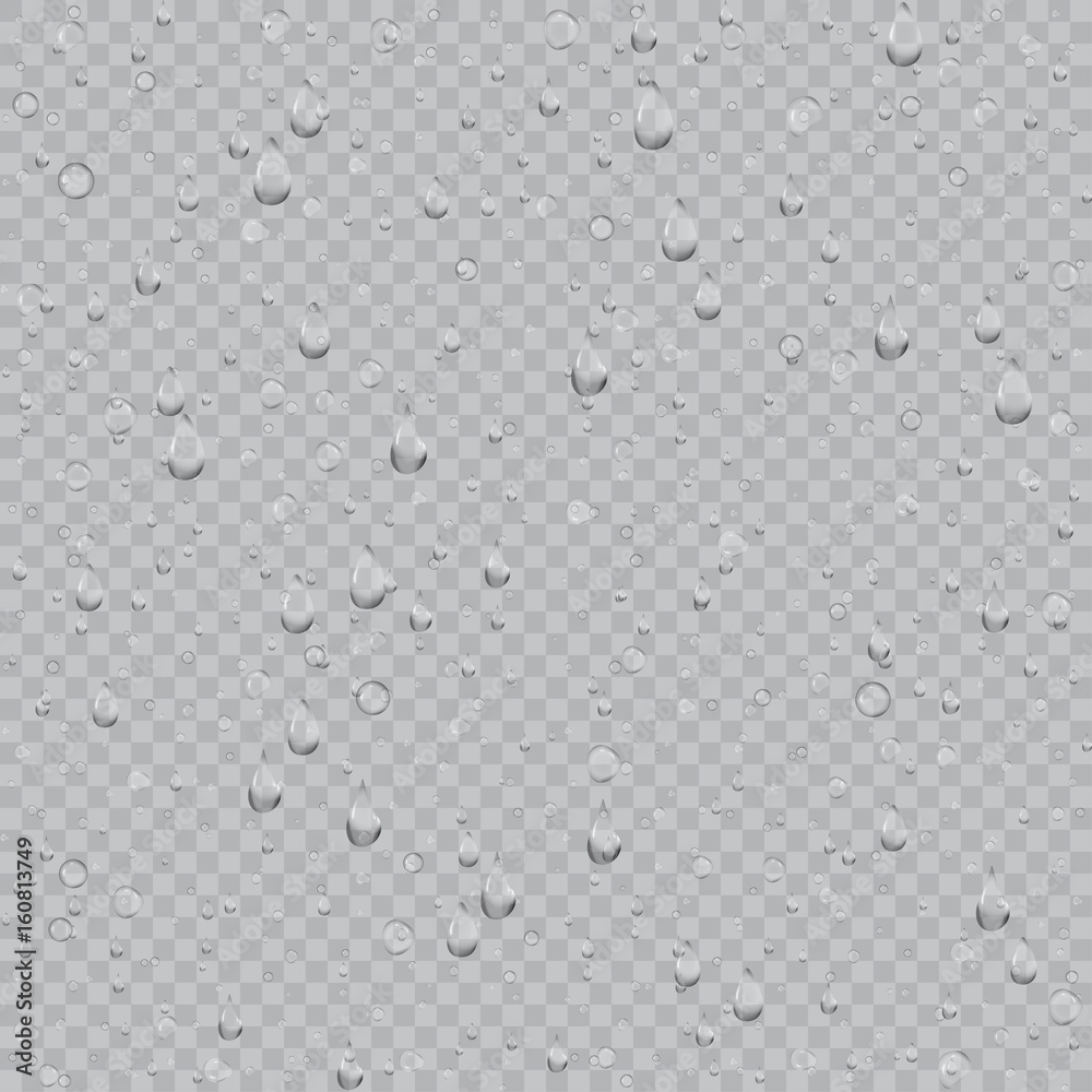 Realistic drops pure, clear water on light gray background. Clean drop condensation illustration.