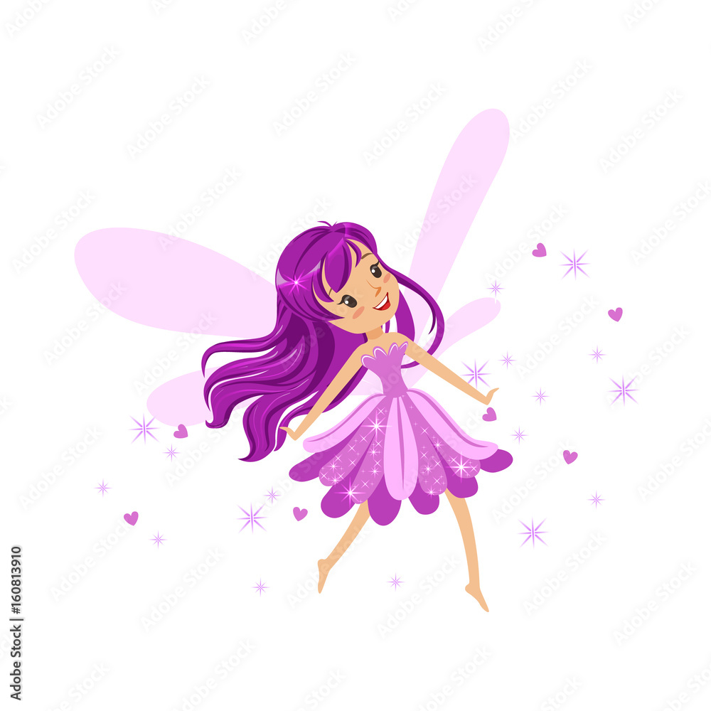 Beautiful smiling purple Fairy girl flying colorful cartoon character vector Illustration Beautiful smiling purple Fairy girl flying colorful cartoon character vector Illustration