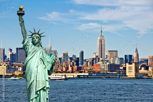New York skyline and the Statue of Liberty, New York City collage, travel and tourism postcard concept, USA