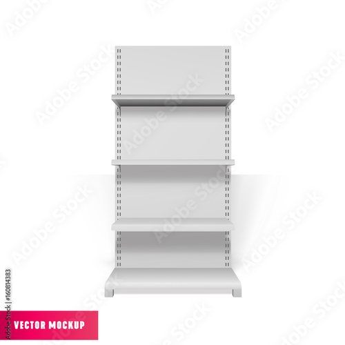 White Empty Advertising Stand, front view. Realistic clean Shelves Mockup. 