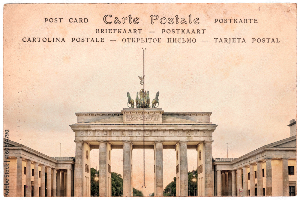 Naklejka premium Brandenburg gate in Berlin, Germany, collage on sepia vintage postcard background