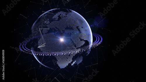 Futuristic 3D globe with ring and satellite