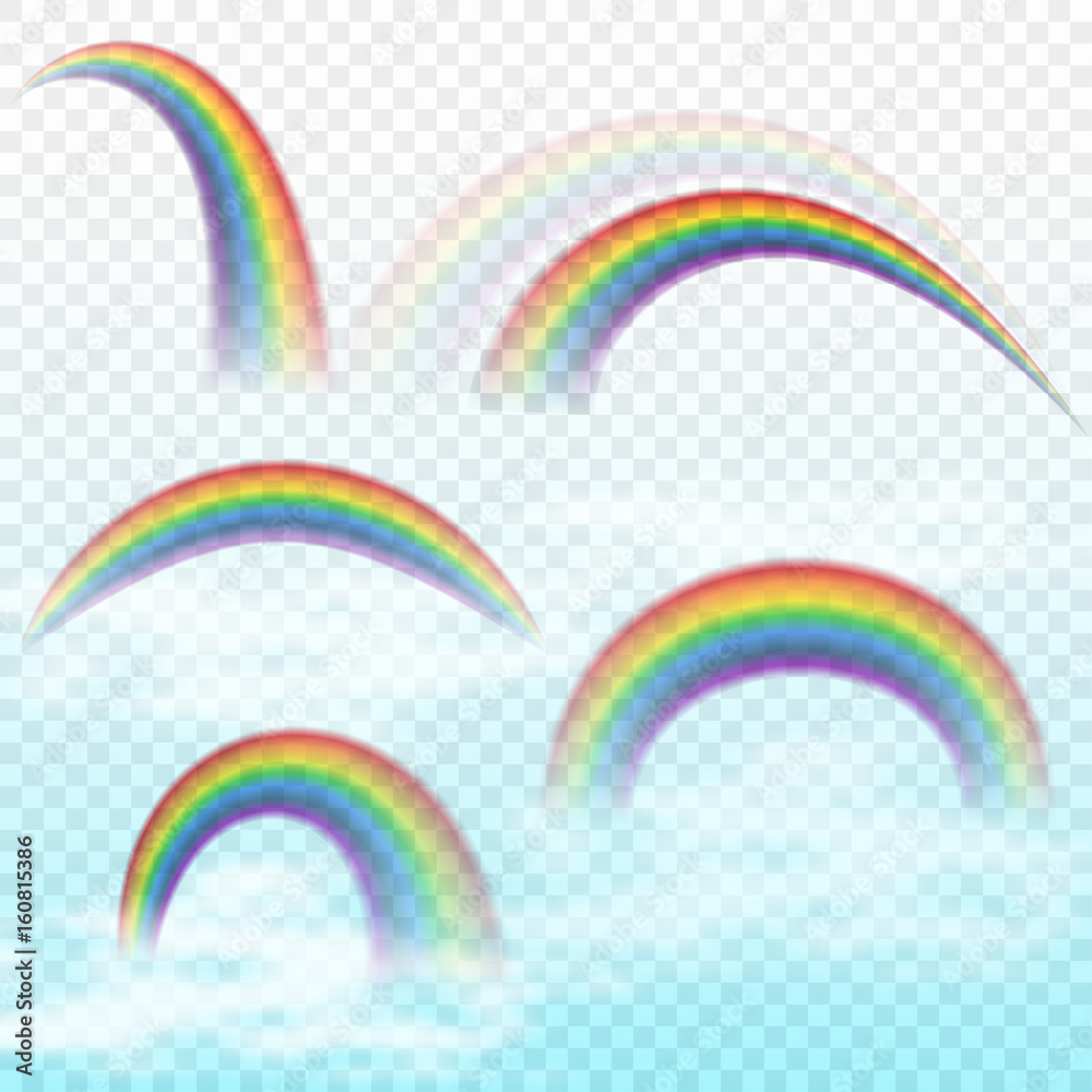 Bright arched rainbow with clouds realistic vector illustration on ...