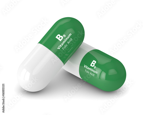 Tableau sur toile 3d render of B9 folic acid pills over white