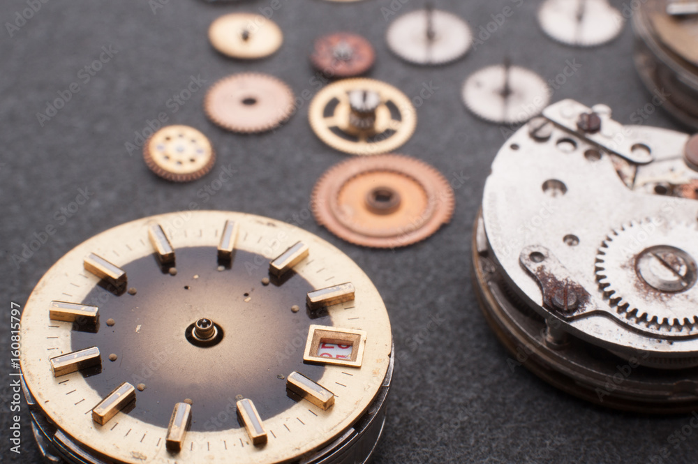 Detail of watch machinery on the table.