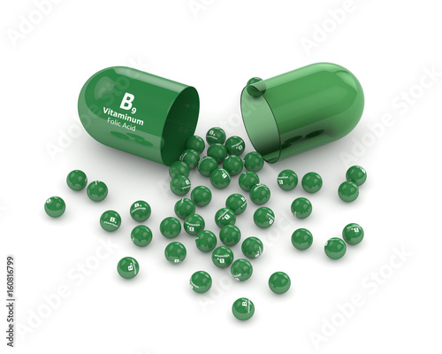 3d render of B9 folic acid pill with granules photo