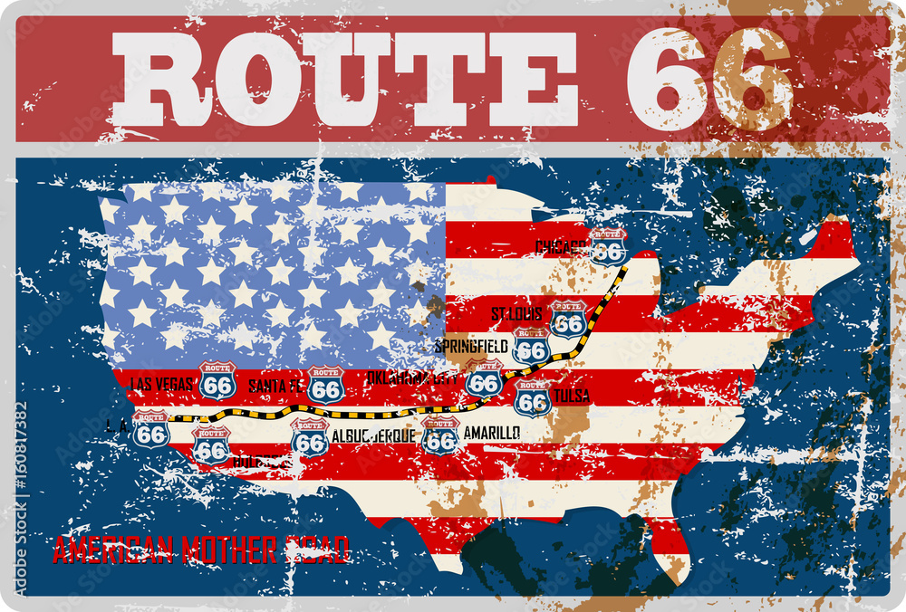 grungy route 66 road map sign, retro grungy vector illustration Fotografia,  Obraz na Posters.sk
