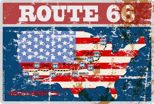 Canvas Print grungy route 66 road map sign, retro grungy vector illustration