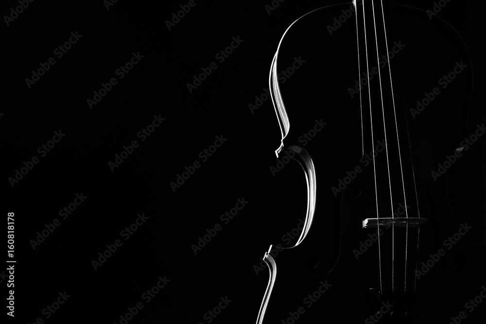 Violin classical music instrument close-up. Stringed musical instrument violin isolated on black background with copy space. Classical orchestra instruments fiddle close up
