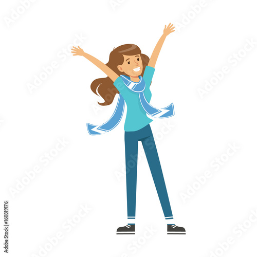 Smiling football fan girl character in blue celebrating the victory of his team vector Illustration
