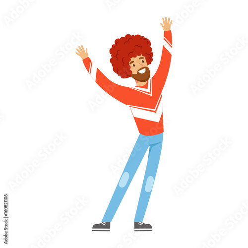 Cheering football fan character in red wig celebrating the victory of his team vector Illustration
