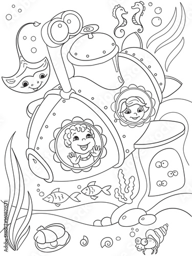 Children exploring the underwater world in a submarine coloring pages for children cartoon vector illustration
