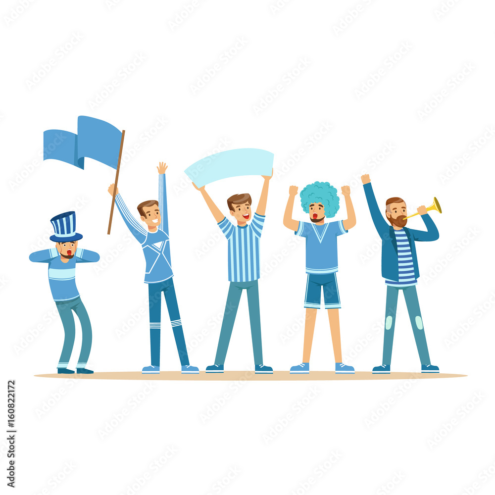 Group of sport fans in blue outfit supporting their team vector Illustration