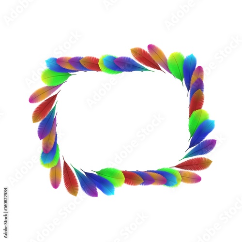 Colorful feathers.Rectangle frame. Isolated on white background.