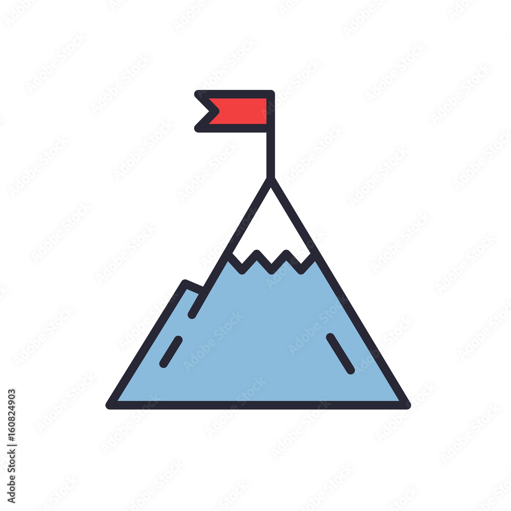 Mountain with flag on a peak. Leadership illustration. Success icon. Line design