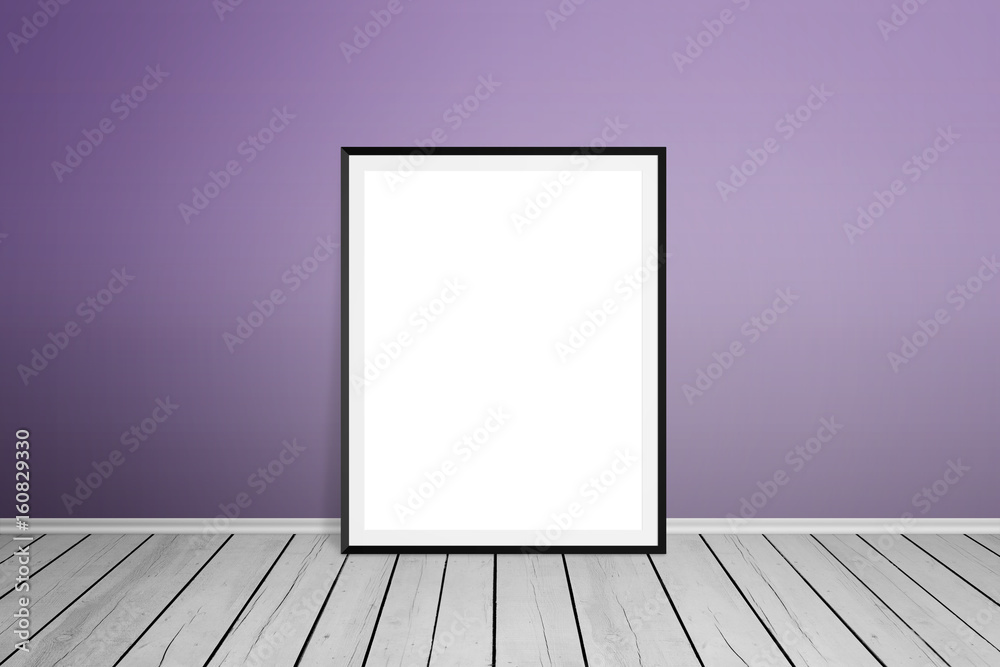 Empty poster frame for mockup on exhibition. Purple wall and white wooden floor. Empty poster frame for mockup on exhibition. Purple wall and white wooden floor.