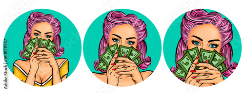 Set of vector illustration, womens pop art round avatars icons for users of social networking, blog, isolated on white