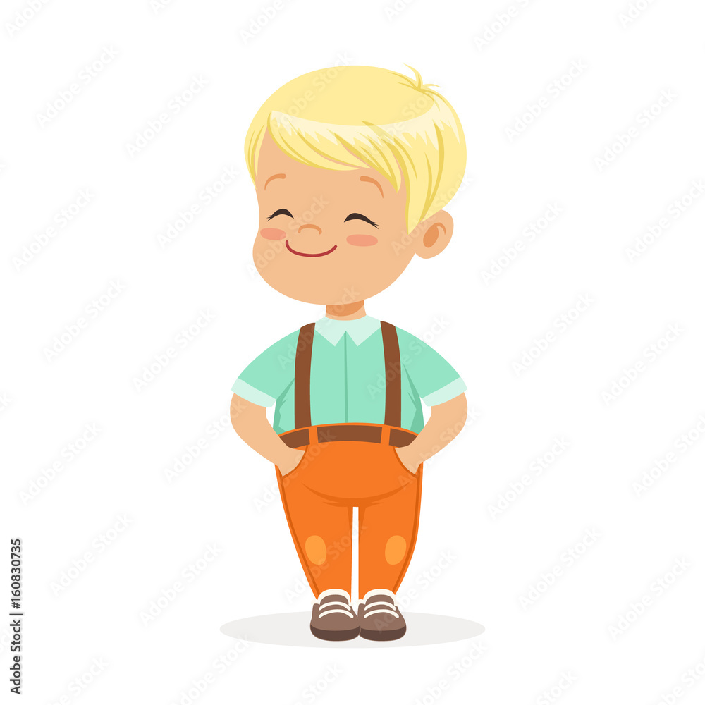 Sweet smilng little blonde boy standing colorful cartoon character ...