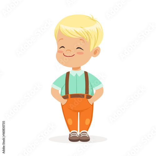 Sweet smilng little blonde boy standing colorful cartoon character vector Illustration