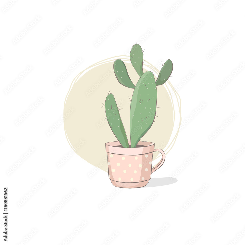 Cute vector illustration of a succulent. Cactus in the pink teacup with polka dots pattern. A funny picture for fans of succulents; for greeting cards; T-shirts; etc. Cute vector illustration of a succulent. Cactus in the pink teacup with polka dots pattern. A funny picture for fans of succulents; for greeting cards; T-shirts; etc.