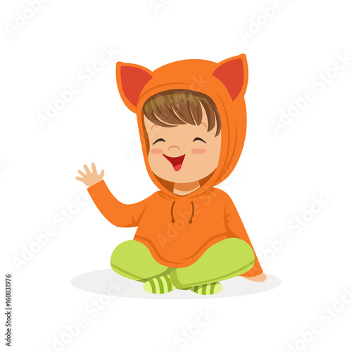 Sweet smiling little girl dressed in fox sweater colorful cartoon character vector Illustration