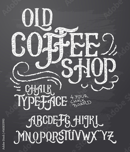 Vector illustration of retro font  capital letters written in white chalk on a blackboard. Template  design element for a signboard  advertising of coffee shop