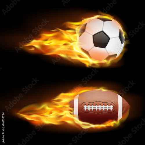 Vector set of sports burning balls, balls for soccer and American football on fire in a realistic style isolated on black. Print, template, design element
