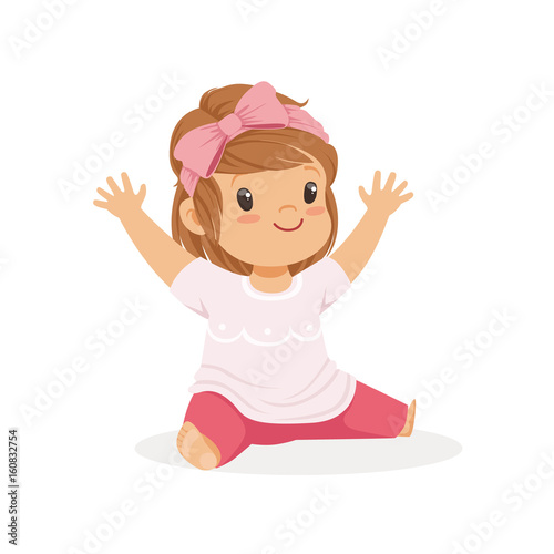 Cute little girl sitting dressed in casual clothes colorful cartoon character vector Illustration