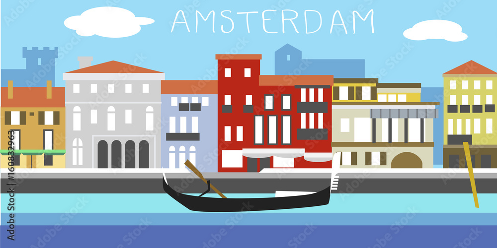 Vector illustration of Amsterdam cityscape in simple style. Traditional Dutch landscape. Houses in the old European style. River channel and boat.