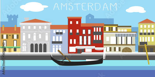 Vector illustration of Amsterdam cityscape in simple style. Traditional Dutch landscape. Houses in the old European style. River channel and boat.