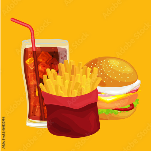 Set of tasty burgers grilled beef and fresh vegetables dressed with sauce bun for snack, american hamburger fast food meal French fries with cold soda brown ice drink vecor illustration background