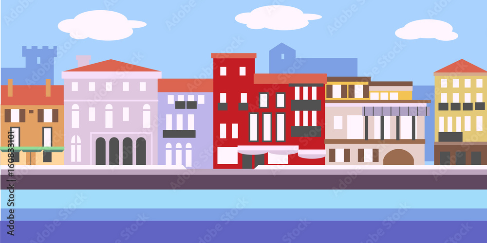 Vector illustration of European cityscape in simple style. Traditional landscape. Houses in the old European style.