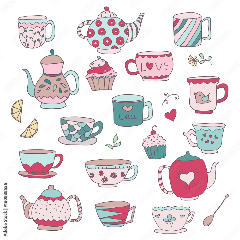 Set of cute doodle cups, teapots and cupcakes in pastel colors