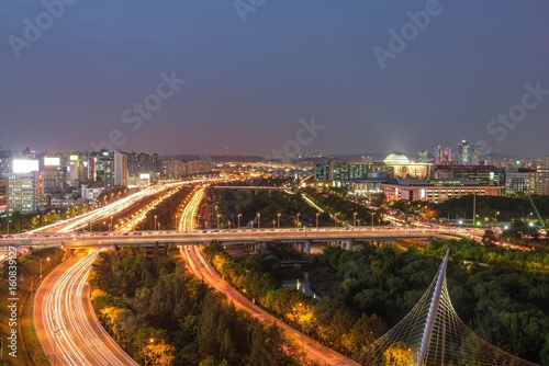 skyline city night scape, traffic in seoul korea 