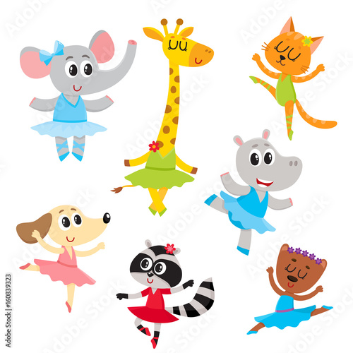Cute little animal characters, ballet dancers in pointed shoes and tutu skirts, cartoon vector illustration isolated on a white background. Little baby animals, ballet dancers, ballerinas in tutu