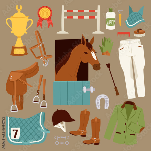 Flat color jockey icons set with equipment for horse riding isolated and horseshoe saddle sport race equestrian stallion barrier vector illustration