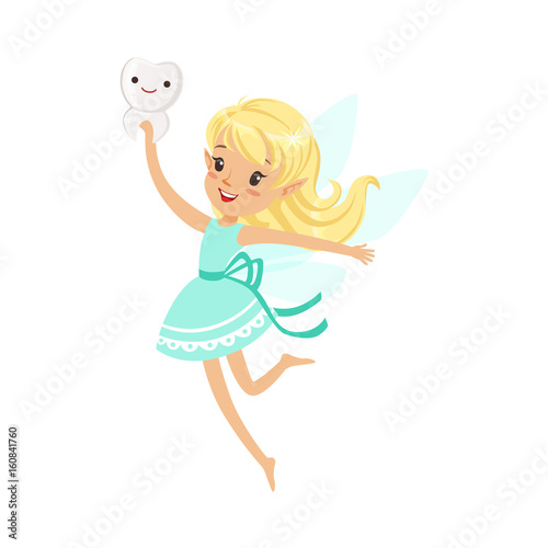 Beautiful sweet blonde Tooth Fairy girl flying and holding smiling tooth colorful cartoon character vector Illustration