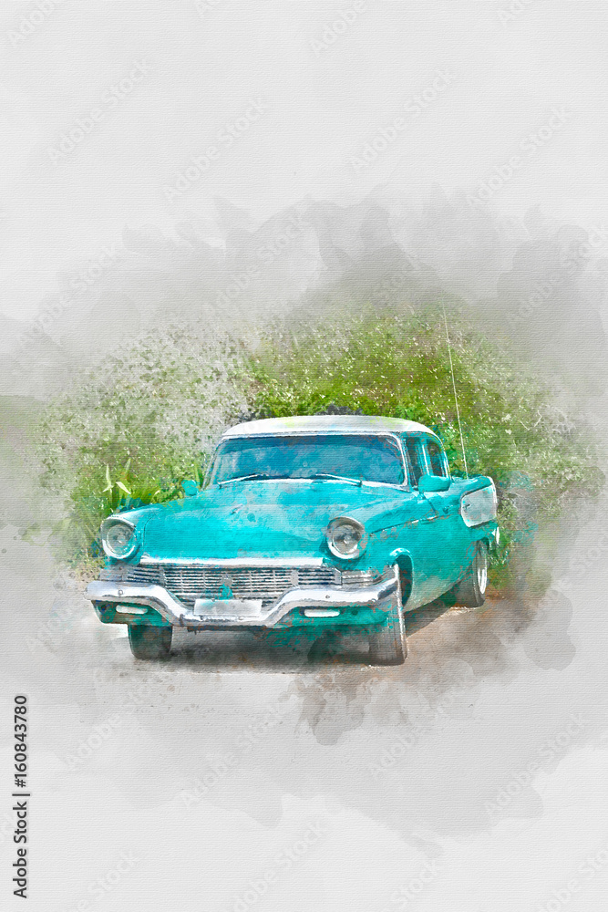 Obraz Stary samochód na Kubie, przód, akwarela