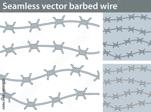 Seamless vector barbed wire. Three different versions of a seamless pattern  with barbed wire: unfilled, with white and colored fill.