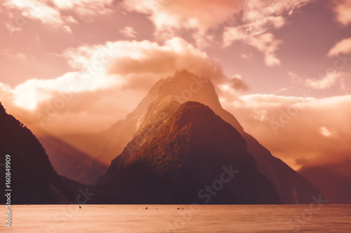 Scenic view of Milford sound peak at sunset, New Zealand