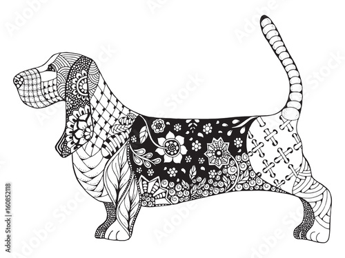 Basset hound zentangle stylized, vector, illustration, freehand pencil, hand drawn, pattern. Zen art. Ornate vector. Lace.