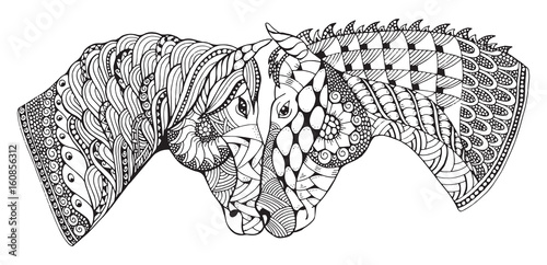 Two horses showing affection, zentangle stylized, vector illustration, freehand pencil, hand drawn, pattern, love. Zen art.