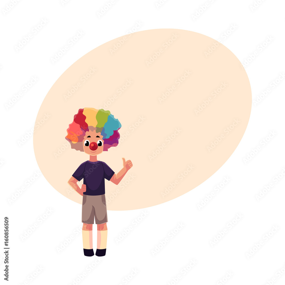 Little boy wearing clown nose and rainbow colored wig showing thumb up, cartoon vector illustration with space for text. Full length portrait of little boy wearing clown red nose and wig Little boy wearing clown nose and rainbow colored wig showing thumb up, cartoon vector illustration with space for text. Full length portrait of little boy wearing clown red nose and wig