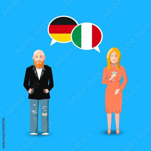 Two people with white speech bubbles with Germany and Italy flags. Language study concept illustration